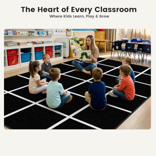 ABCarpet Classroom Rug with 24 Seats Black and White Grid 7’6'‘ x 13'1‘’ - Nylon Stain Resistant Carpet for Elementary School, Daycare, Preschool - Non Slip Washable Seating Rug with Individual Spots - image 2