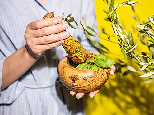 Soltako Handmade Mortar And Pestle Set, Olive Wood, Rustic Grinding Bowl, Manual Garlic Crusher, Sturdy & Durable, Perfect For Spice, Pepper, Seeds, Sauces, Kitchen Gifts For Women (Ø 6.3″) #TOP7