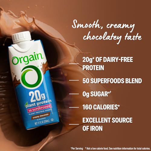 Image of Orgain Vegan Protein Shake,Creamy Chocolate-20g Plant Protein, Ready to Drink,50 Superfoods, 0g Sugar, Gluten Free, No Artificial Sweeteners, No Soy or Dairy Ingredients, 11 Fl Oz (Pack of 12),Bottle