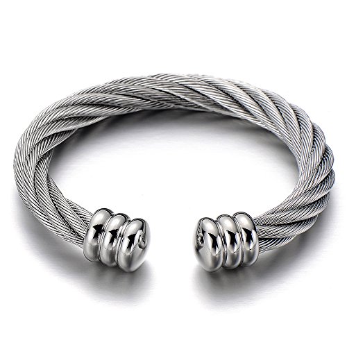 COOLSTEELANDBEYOND Large Elastic Adjustable Steel Twisted Wire Cuff Bangle Bracelet for Men Women