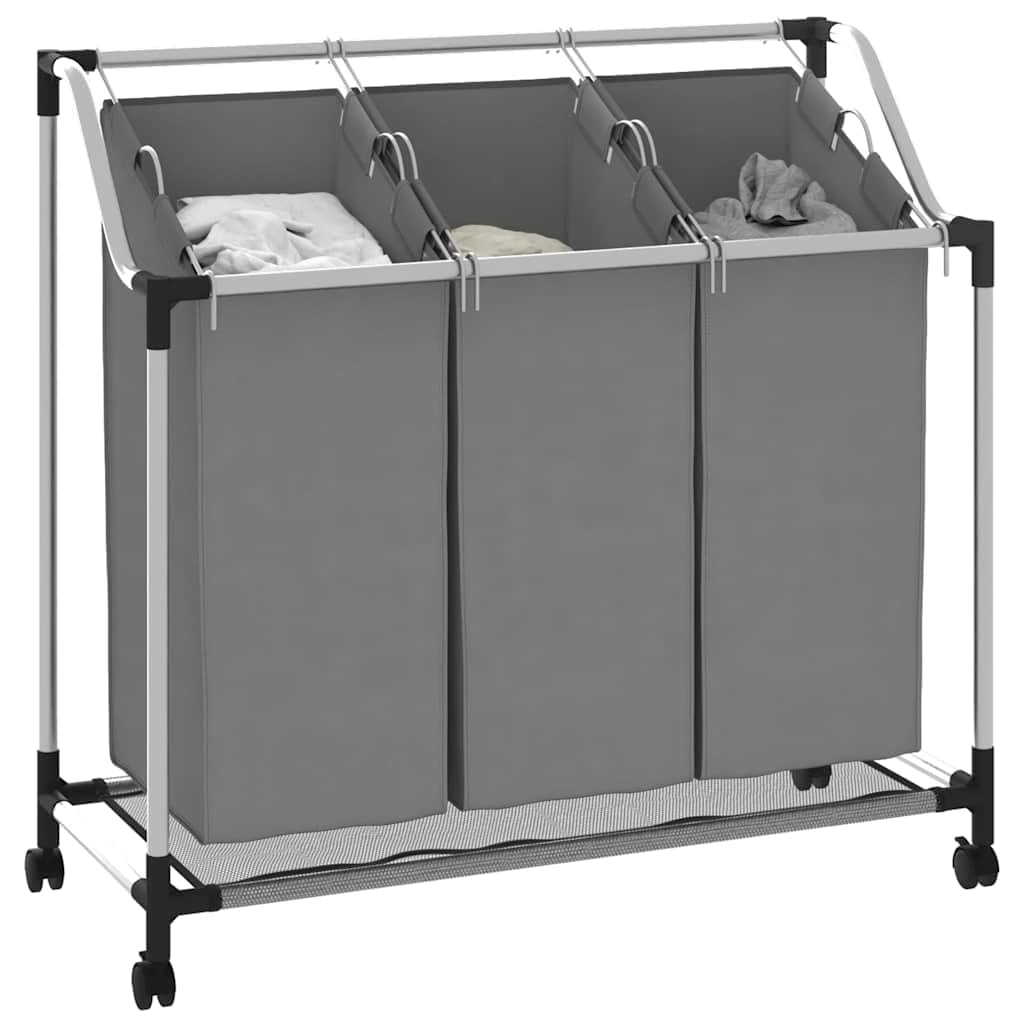 Cesto portabiancheria con ruote, 3 scomparti, grigio | Struttura in acciaio con rivestimento in plastica, 4 ruote girevoli con 2 freni, sacchetti portabiancheria rimovibili