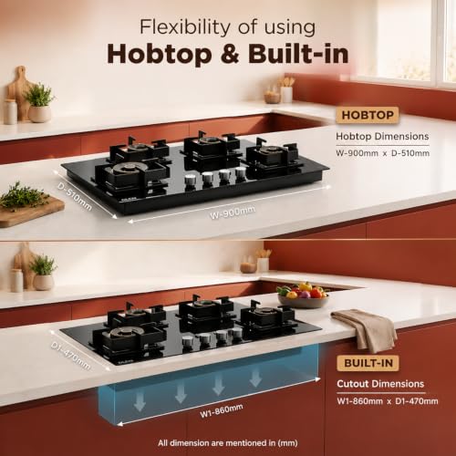 Image of Glen 4 Burner XL Auto Ignition Glass Hob | 2 Triple Ring Forged Brass Burners | Built-in Gas Hob | Toughened Black Glass | 2 Years Standard Warranty & 5 Years Warranty | BH1094XLDFHT2TR