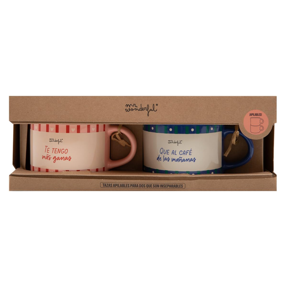 Mr. Wonderful - Set de 2 tazas apilables - Te tengo más ganas que al café de las mañanas - Taza personalizada con mensaje de amor - 370 ml