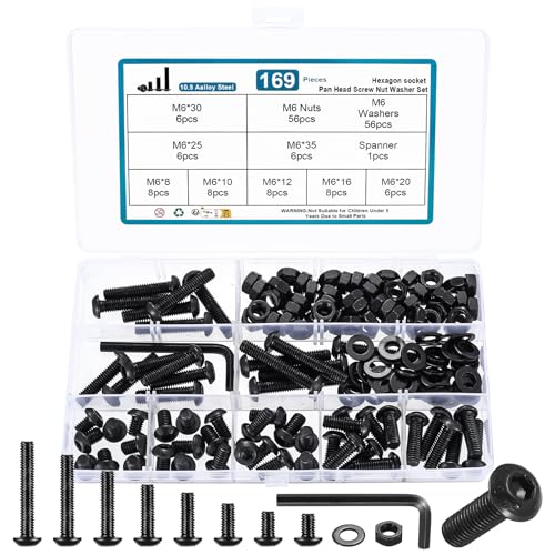 169 Pcs M6 Juego de Tornillos y Tuercas y Arandelas, Tornillos de Cabeza Hueca Hexagonal Cilíndrico, Métricos Tornillería Tornillos Cabeza Hexagonales Redonda para Reparación Máquinas, Negro