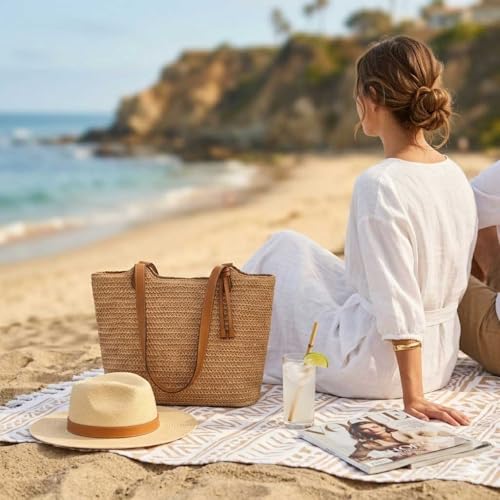 Bolso de playa de paja para mujer con cierre y correa de hombro miniatura 2