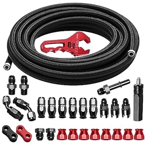 BRIFITOR 6AN 25FT PTFE Fuel Line Kit, AN6 3/8″ LS Swap EFI E85 Nylon Stainless Steel Braided Fuel Hose With 26PCS PTFE Fuel Hose Fitting Adapter Black