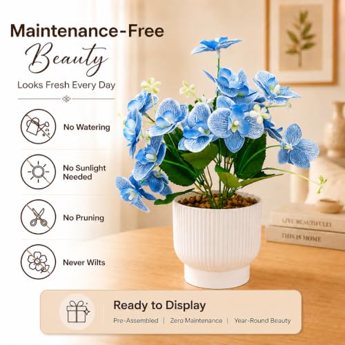 Image of CURATED CART Flower Pot with Artificial Flowers - Orchid Blue Flower with White Vase | Ideal for Home Decor | Office Decor | Gifting | Size 25 x 15cm