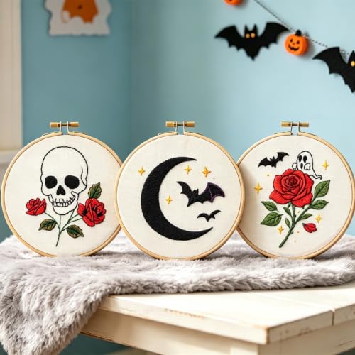 Image of Skull Rose Embroidery Kits for Beginners Adults, Halloween Goth Embroidery Sets Needlepoint Kits, Halloween Stamped Cross Stitch Kits for Beginners Adults, 3 Embroidery Hoops (Attached Video Tutorial)