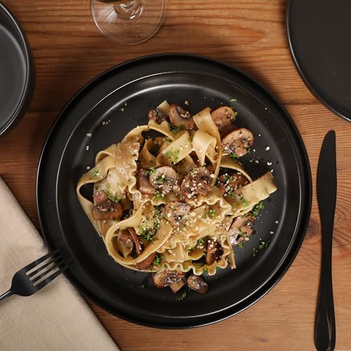 Image of Gibson Elite Bayou Moon Plates and Bowls Sets, 16-Piece Black Matte Stoneware Dinnerware Sets, Solid Color Reactive Glaze Dish Set