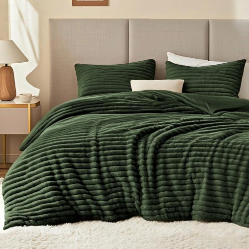 EXQ Home Fluffy Comforter Set Twin Size - Super Soft Faux Fur Stripe Jacquard Comforter 3 Pieces Olive Green Fleece Bedding Set Winter Warm Bed Set 1 Comforter with 1 Pillowcase