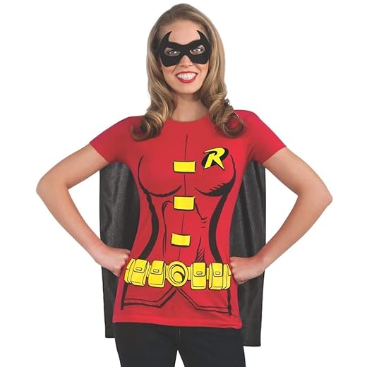 Womens Dc Comics Women's Robin T-shirt With Cape and Eye Mask adult sized costumes, As Shown, Extra-Large US