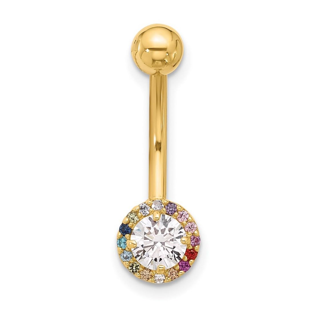 Bauchnabelring aus 14 Karat Gold, 14 Gauge, poliert, Zirkonia, künstlicher Diamant, 24 mm lang, Schmuckgeschenk für Frauen, Metall, Zirkonia