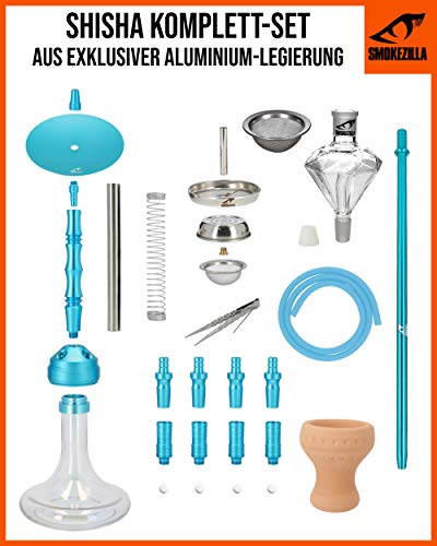 Smokezilla® MINYA 4S 4-Schlauch-Set Aluminium Shisha | Spitze Optik mit Shiny Clear Bowl und Diamond Molassefänger! (Sky… – Bild 3