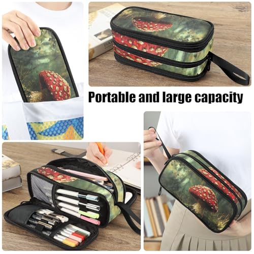Image of Fustylead Retro Aesthetic Amanita Mushroom Oil Painting Pencil Pen Case Stationery Bag 3 Compartments School College Office Organizer Cosmetics Bag