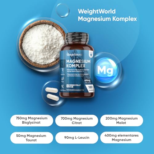 Magnesium Komplex - 490mg pro Portion - 3 Monate Vorrat - Mit Magnesium Bisglycinat, Citrat, Malat, Taurat & Leucin - Alternative zu Tabletten oder Pulver - 180 vegane Kapseln - WeightWorld – Bild 3