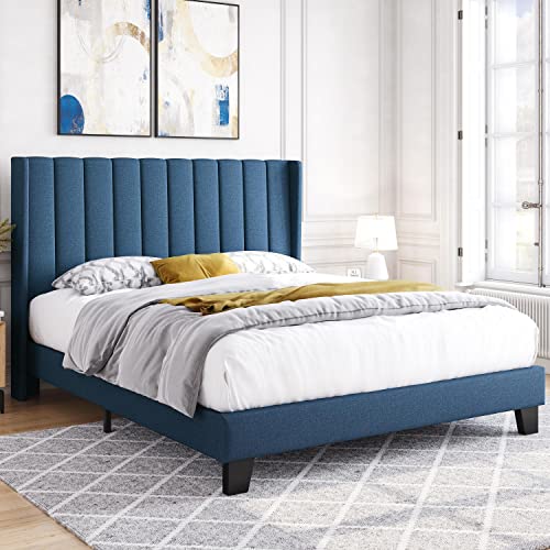 Yaheetech Upholstered Platform Bed With Wing Edge Channel Tufted Headboard Mattress Foundation/Heavy Duty Wooden Slat Support/No Box Spring Needed, Easy Assembly, Navy Blue, Queen Size #TOP2