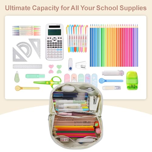 Image of Large Pencil Pouch for Teen Girls, 8 Compartments, Cream White | Large capacity pencil case, wide-opening organizer fits calculators, markers, pens; for middle school, high school, college