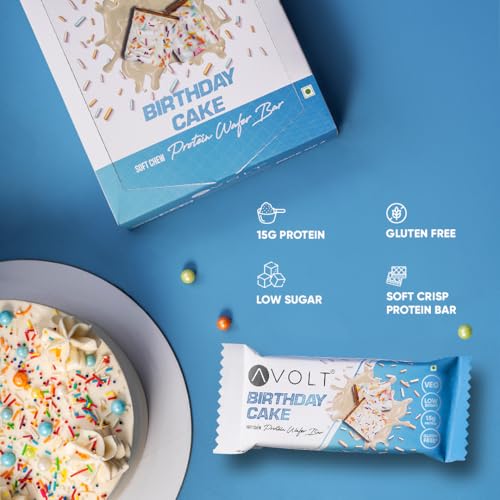 Image of Avolt Birthday Cake Protein Bars with 15g Protein | Pack of 2 x 50g each | High Energy Wafer Bars, No Added Sugar | 100% Veg | Guilt-Free Bar for Fitness & Immunity Booster