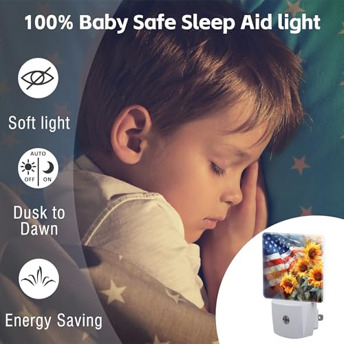 Image of American Flag with Sunflowers Night Light Plug into Wall,Watercolor USA Flag Patriotic Dusk to Dawn Night Light Plug in,0.5w Energy Saving Sleep Friendly NightLight for Kids Boys Girls Home Decor