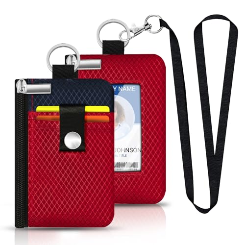 Image of Minimalist RFID Blocking Small Wallet with ID Window,WaterResistant Zip Id Case Wallet with Lanyard Keychain for Cards,Cash,Travel,Women,Men (Red /Dark blue)