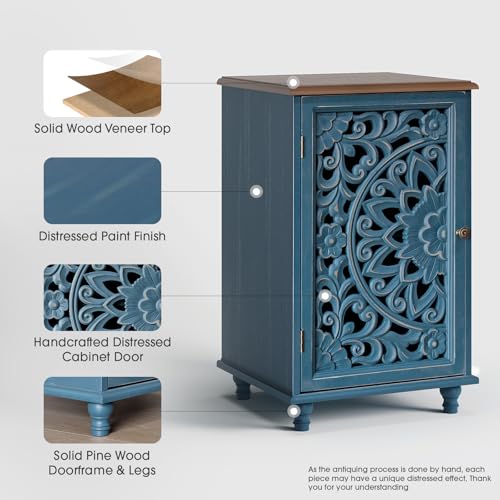 Image of JOINICE Small Accent Cabinet with Hand-Carved Door for Living Room /Bedroom | Hand-Carved Floral Design, Farmhouse /Rustic Style, Space-Saving, Sofa Table, Solid Wood Legs, Adjustable Shelf, Easy Assembly