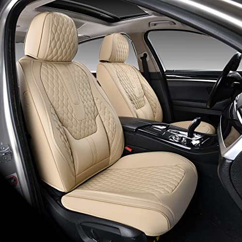 Image of Coverado Front Seat Covers, Car Seat Covers Front Seats, Nappa Leather Seat Covers for Cars, Waterproof Seat Covers with Lumbar Support Universal Fit for Most Cars SUV Trucks (Front, Beige)