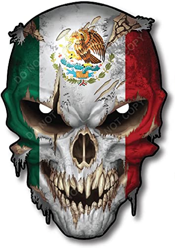 Image of Mexico Country Flag Skull Decal w /Reflective Eyes Mexican Pride - Universal Auto Skeleton Sticker for Car Truck SUV Body Side Window & Windshield - Army Military Decals for Helmet