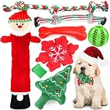 PUPTILY Christmas Dog Toys, Santa Squeaky Plush Chew Toys for Puppy, Durable Interactive Rope Toys for Teething, Treating Ball and Bone Rubber Toys for Small Dogs