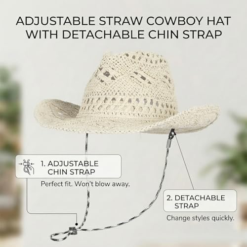 Image of Men & Women's Summer Cowboy Cowgirl Straw Hat Hollow Out Woven Roll Up Wide Brim Sun Hat with Chin Strap