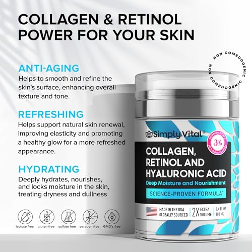 SimplyVital Collagen, Retinol & Hyaluronic Acid Cream - Anti-Aging Retinol Cream for Face, Neck & Décolleté - Made in USA - Daily Moisturizer Face Cream - 3.38 fl oz - Image 5
