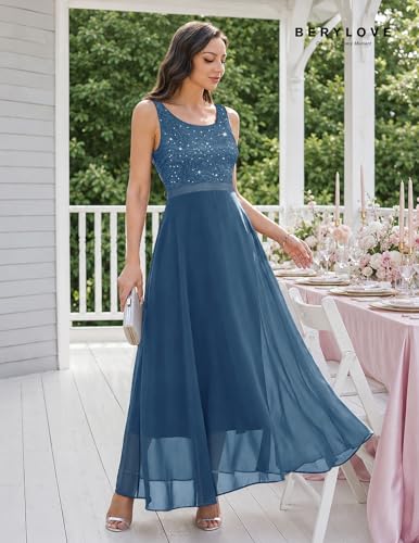 Image of BeryLove Sequin Dress for Woman Vintage A Line Wedding Formal Swing Mesh Dress Sleeveless Cocktail Maxi Gowns