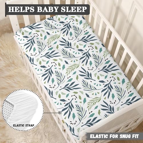 Image of Tropical Leaves Baby Crib Sheets for Boys Girls Leaf Fitted Crib Sheet for Standard Crib and Toddler Mattress Blue Green Baby Mattress Sheets Toddler Bed Sheet 52x28x8 in