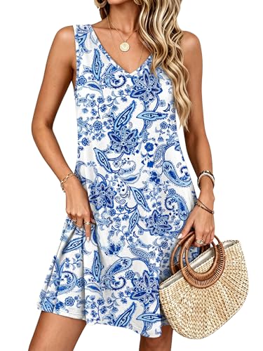 Image of ANRABESS Summer Dress for Women，V Neck Sleeveless Sundress，Loose Fit，Soft Travel Vacation Outfits，Cute Beach Cover Up Clothes