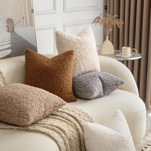 Image of Pack of 2 Curly Teddy Wool Faux Fur Throw Pillow Covers Fuzzy Accent Soft Sherpa Pillowcases Sheepskin Fleece Decorative Cushion Case for Sofa Couch Living Room 12x20 Inch Light Grey