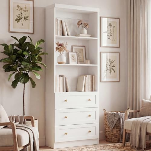 Cyclysio 80" Bookshelf with 3 Drawers, Tall Bookcase with Thickened