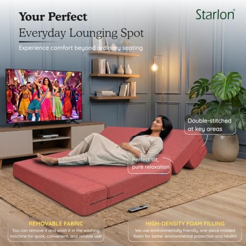 Image of Starlon 3 Seater Foldable Sofa Cum Bed 3-in-1 with 2 Geometrical Pattern Pillows, Washable Jute Fabric Cover, Space Saving Guest Bed, Pre-Assembled Royal Maroon 5x6 Ft