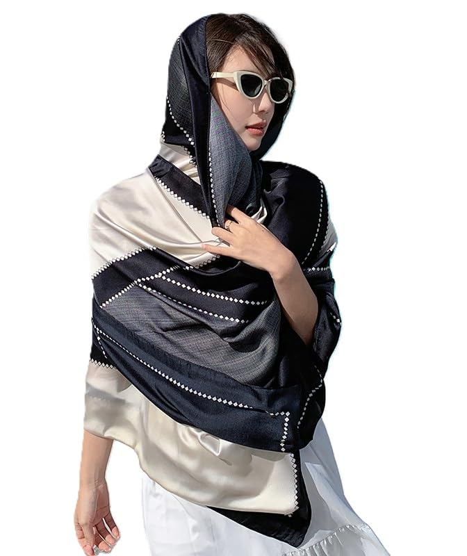 Image of Alexvyan Satin Silk Summer Scarves 170 x 84 cm, Black & Grey Colour with Stitched Border, Lightweight Fashion Scarf for Women Sun Protection Stole