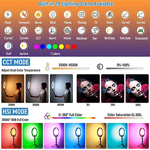 26 cm RGB-Ringlicht mit Ständer und Handyhalterung, App-Steuerung, eingebauter Akku, USB-betrieben, 360 ° Vollfarb-29… – Bild 4