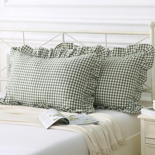 Silnuo Sage Green/White Plaid Ruffled Pillow Covers King Size Washed Cotton Shabby Checkered Gingham Pillow Shams Farmhouse Pillowcase Set of 2-20"x36" by Silnuo - Used condition - Image 2