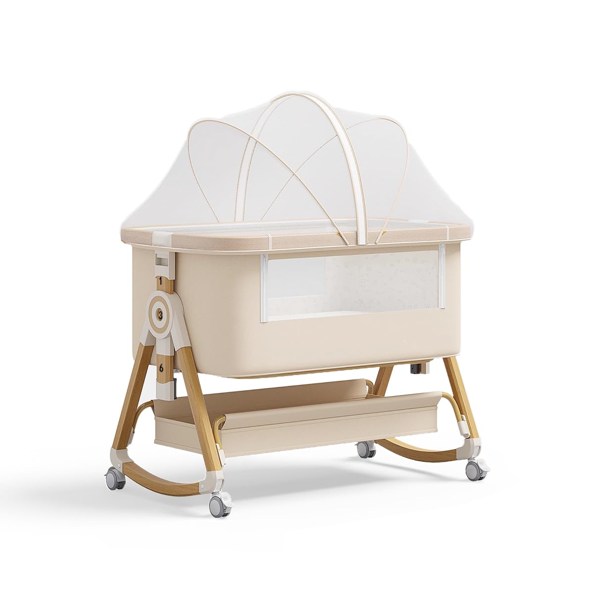 Photo 1 of Baby Bassinet, 4 In 1 Portable Bassinet Bedside Sleeper with Wheels Comfy Mattress and Storage Basket, Moises Para Bebe 6 Adjustable Height Rocking Bedside Bassinet for Baby Newborn Boys Girls