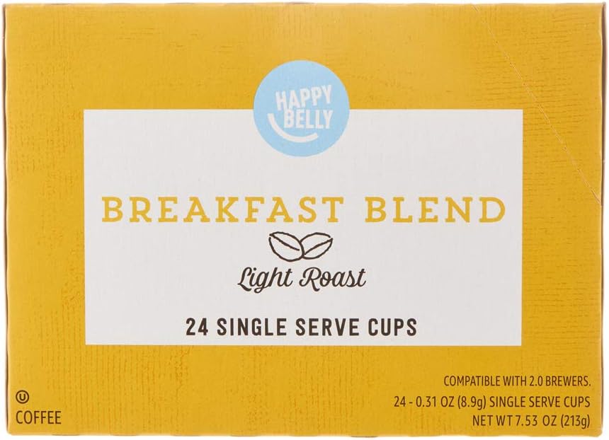 Happy Belly Light Roast Coffee Pods, Breakfast Blend, Compatible with Keurig 2.0 K-Cup Brewers, 24 Count