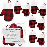 Iconikal Buffalo Plaid Mini Mitten Christmas Stockings 24 Pack, Festive Holiday Decor for Tree, Wreath, Mantle - Seasonal Xmas Stocking Ornaments