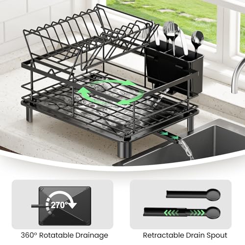 PKBD 2 Tier Dish Drainer Rack,Multifunctional/Detachable Dish Rack with Swivel Drainage Spout,Utensil Holder,Cup Holder,Rust-proof Carbon Steel/Space-Saving Dish Drying Rack for Kitchen Counter,Black - Image 2