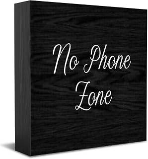No Phone Zone Wooden Box Sign Decorative Funny Office Wood Box Sign Home Office Decor Rustic Farmhouse Square Desk Decor Sign For Shelfes 5"X 5"