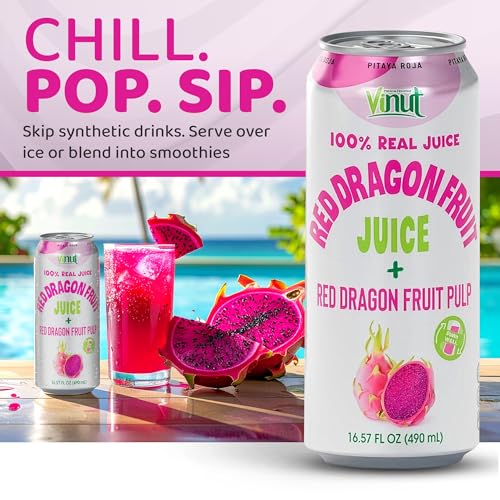 Image of VINUT 100% Red Dragon Fruit Juice with Pulp (Pitaya), No Added Sugar, Not From Concentrate, 16.57 fl oz (490 mL) Can, Pack of 6