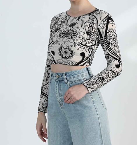 Image of ICW Women Long-Sleeves Round Neck Net Printed Transparent Mesh Sheer Crop Top T-Shirt DN38(Mix Print)