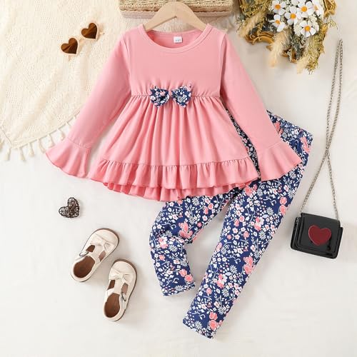 Toddler Girl Clothes 4-8Years Girls Outfit, Long Sleeve Ruffle Bowknot Top+Floral Pants 2Pcs Fall Set4