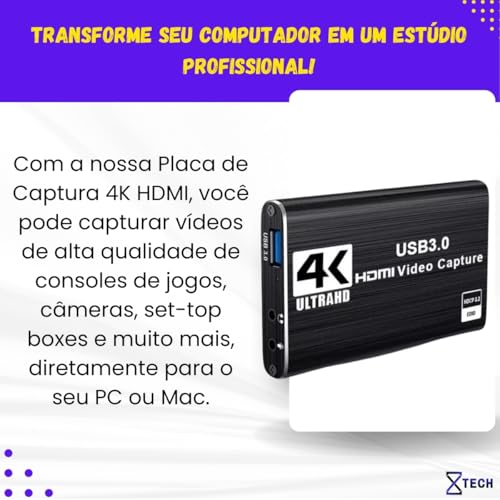 Placa de Captura de Vídeo 4K HDMI USB 3.0, 1080p 60fps, Qualidade Full HD 8X TECH