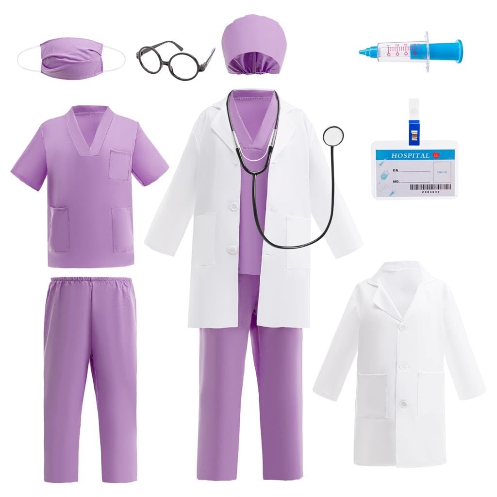 Lito Angels Kids Doctor Costume Set with Lab Coat Scrubs Cap Mask Medical Accessories for Boys Girls Career Day Role Play Halloween Cosplay, Age 10-11 Years Purple