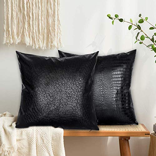 Hddahua Black Ostrich Skin Faux Leather Pillow Cover 18 X 18 Inch Thick Black Leather Throw Pillow Case, Simple Modern Boho Decor Cushion Covers For Sofa Bed Couch Chair Floor #TOP3